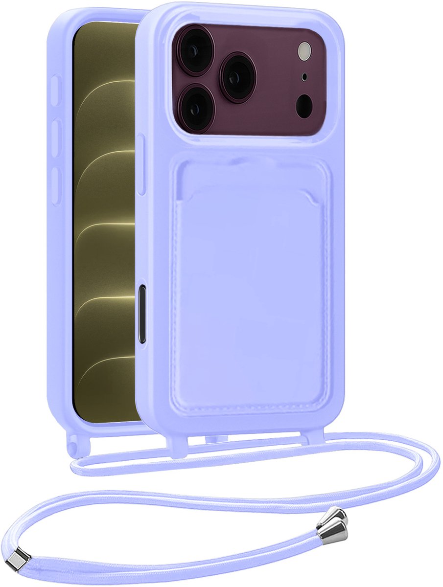 Hoesje Geschikt voor iPhone 18 Pro Hoesje Met Koord Siliconen Case - Hoes Geschikt voor iPhone 18 Pro Backcover Met Afneembaar Koord - Lila