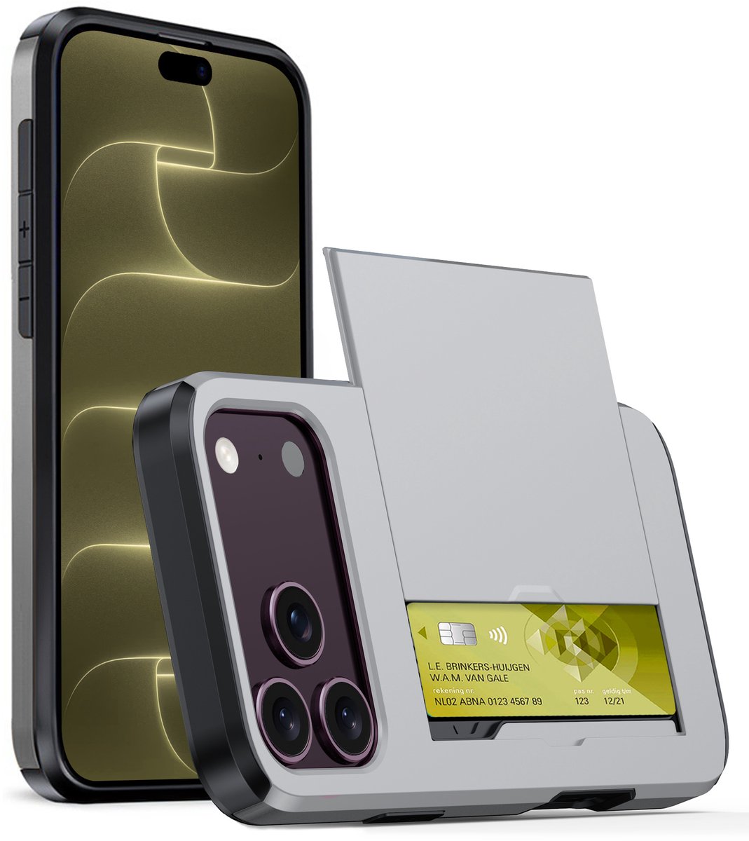Hoesje Geschikt voor iPhone 18 Pro Hoesje Case Pashouder Hard Cover - Hoes Geschikt voor iPhone 18 Pro Hoesje Met Kaarthouder - Grijs