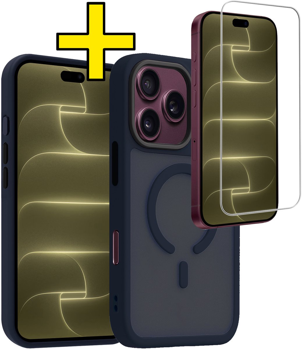 Hoesje - Met Screenprotector - Geschikt voor Apple iPhone 18 Pro Max - Magsafe Compatible - Sterk & Shockproof - Back Cover - Shock Proof Case - Telefoon Hoes - Telefoonhoesjes - Donkerblauw
