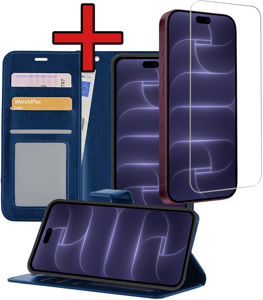 Hoesje - Met Screenprotector - Geschikt voor Apple iPhone 18 Pro - Luxe Pasjeshouder - Flipcase - Bookcase Portemonee - Flip Case - Kunstleer Book Case - Book Cover - Walletcase - Portemonneehoes - Telefoonhoes - Donkerblauw