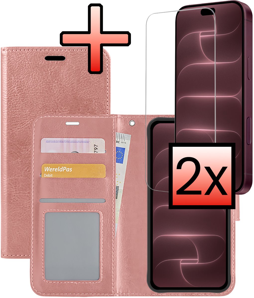 Hoesje - Met 2x Screenprotector - Geschikt voor Apple iPhone 18 Pro Max - Luxe Pasjeshouder - Bookcase Portemonee - Flip Case - Kunstleer Book Case - Flipcase Hoes - Book Cover - Walletcase - Portemonneehoes - Rosé goud