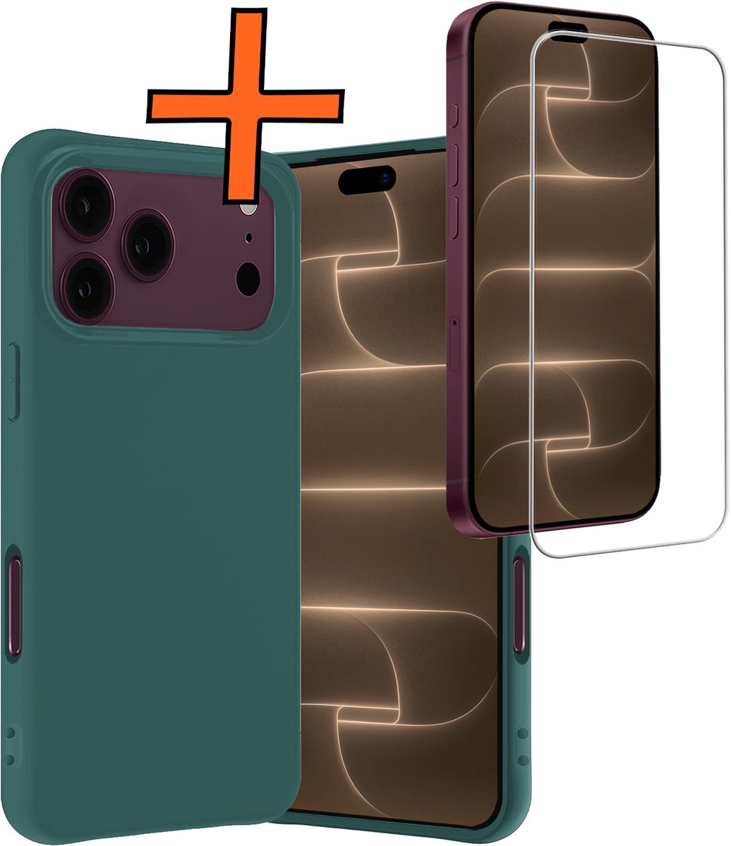 Hoes - Met Screenprotector - Geschikt voor Apple iPhone 18 Pro - Sterk & Shockproof - Back Cover - Siliconen Case - Telefoon Hoes - Donkergroen
