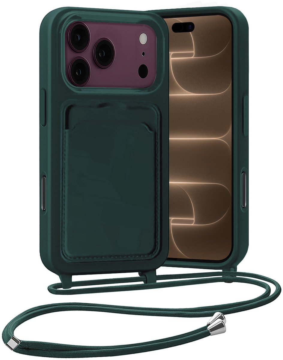 Hoesje Geschikt voor iPhone 18 Pro Hoes Met Telefoonketting - Backcover Geschikt voor iPhone 18 Pro Case Met Koord - Donkergroen