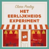 Boekomslag met oranje en witte strepen, een winkelpui met "Open" bordje en de tekst "Clare Pooley HET EERLIJKHEIDS EXPERIMENT".