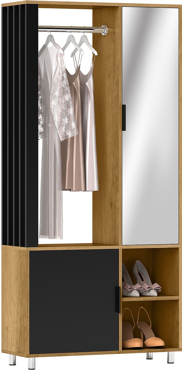 sogiol Kledingkast met Spiegel en kledingroede en 2 open vakken – 80x30x170 cm – Natuurlijk en zwart