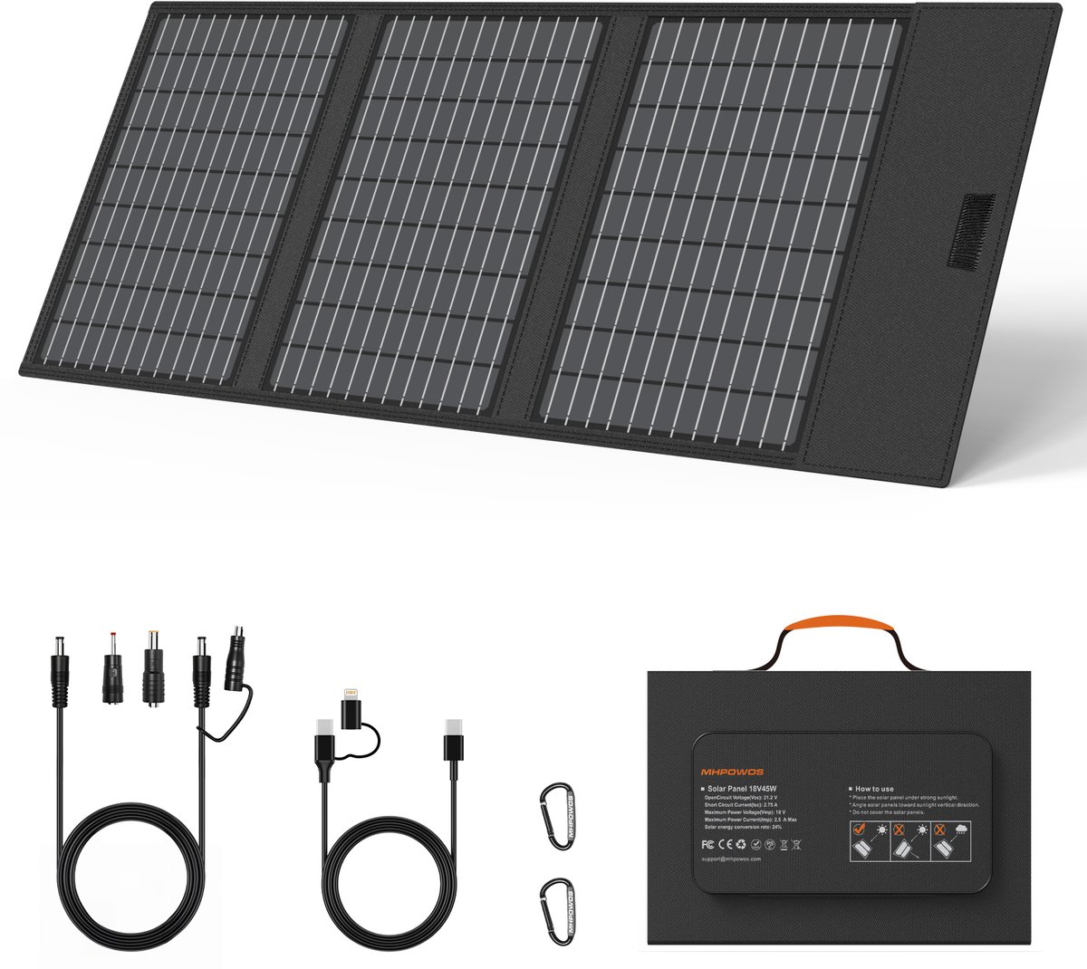 MHPOWOS 45W Draagbaar Vouwbaar Zonnepaneel, Monokristallijn ETFE Zonne Oplader IP67 Waterbestendig, USB-A/USB-C/DC Multipoort voor Kamperen, Wandelen, Camper en Noodvoeding