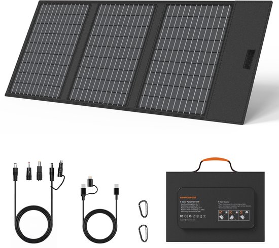 Gevouwen zwart 45W zonnepaneel met drie secties en grijze randen. Accessoires: diverse DC-kabels, USB-kabels en karabijnhaken.