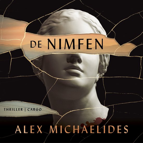 Boekhoes met gebarsten marmeren buste. Tekst: De Nimfen, Thriller | Cargo, Alex Michaelides.