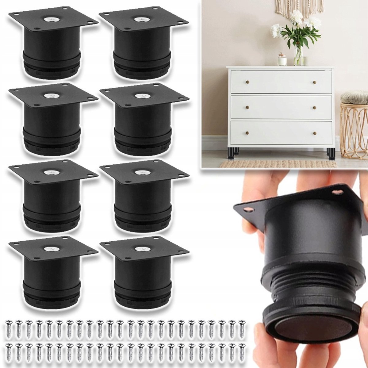 8 Stuks Verstelbare Meubelpoten - RVS Meubelvoeten met Antislip Design Rubberen Bodempad - In Hoogte Verstelbaar voor Tafel Stoel Bank Kast Sofa - Zwart