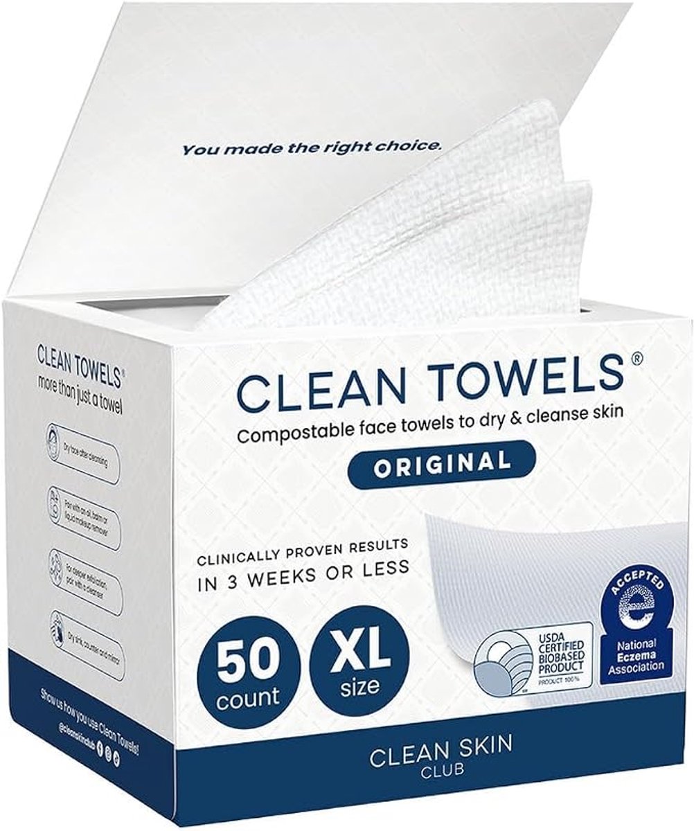 Clean Skin Club Clean Towels XL™, 100% USDA Biobased Gezichtsdoekje, Wegwerp Gezichtsdoekje, Make-up Remover Droogdoekjes, Ultra Zacht, 50 Ct, 1 Pak
