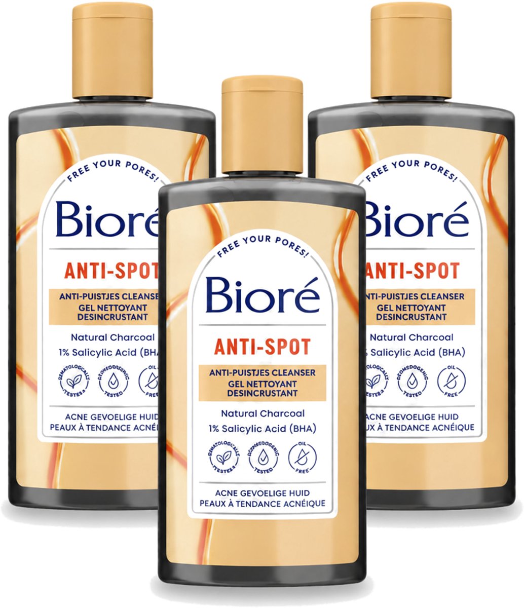 3 x Bioré – Houtskool Anti-Puistjes Reinigingsgel – Gezichtsreiniger – 200 ml - Voordeelverpakking - 3 stuks