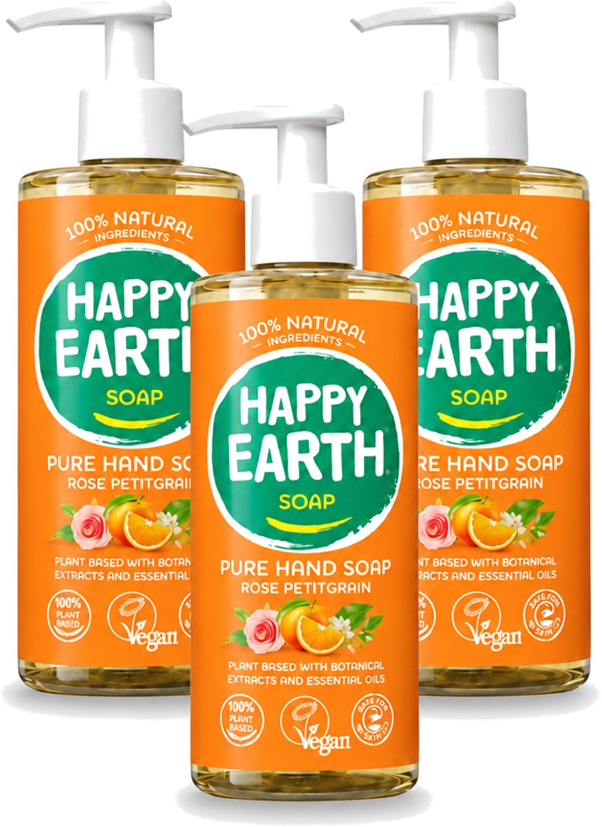 3 x Happy Earth – Handzeep – 100% Natuurlijk Rose Petitgrain – 300 ml - Voordeelverpakking - 3 stuks