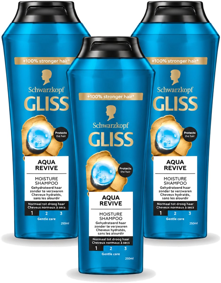 3 x Gliss - Shampoo - Aqua Revive - Voor Hydraterend en Fris Haar - 250 ml - Voordeelverpakking - 3 stuks
