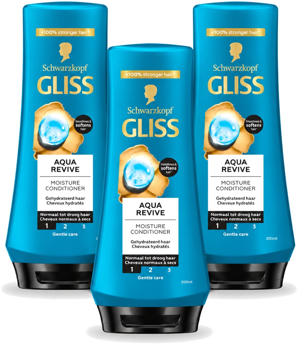 3 x Gliss - Hair Repair - Conditioner Aqua Revive voor Hydraterend en Fris Haar - 200 ml - Voordeelverpakking - 3 stuks