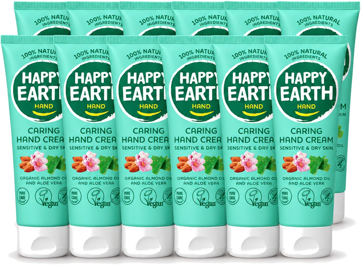12 x Happy Earth – Handcrème – 100% Natuurlijk – 75 ml - Voordeelverpakking - 12 stuks
