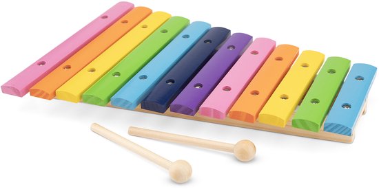 Houten xylofoon met 12 gekleurde staafjes en 2 houten stokjes, liggend op de grond.
