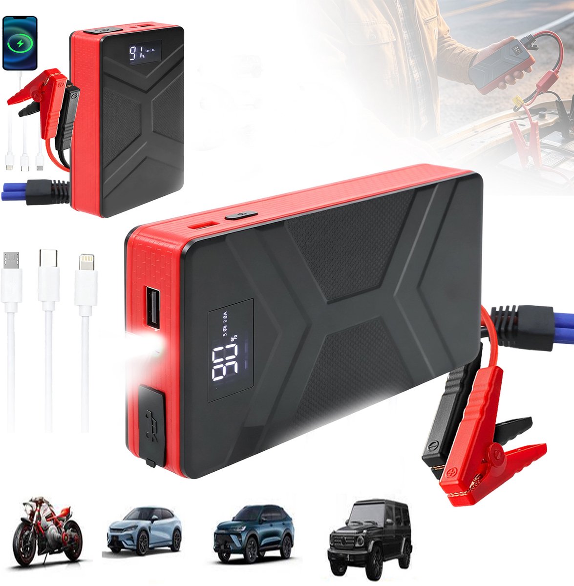 Jumpstarter-Powerbank, Draagbare Oplader, Grote Capaciteit Van 30000mah, Grote Capaciteit Van 30000mah, Reisbenodigdheden.