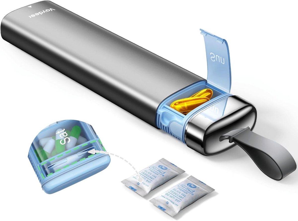 Metalen 7-dagen medicijnorganizer met desiccantcompartiment, wekelijkse pillendoos voor medicatie, luchtdichte reisorganizer voor tabletten en vitamines met handvat (Grijs)