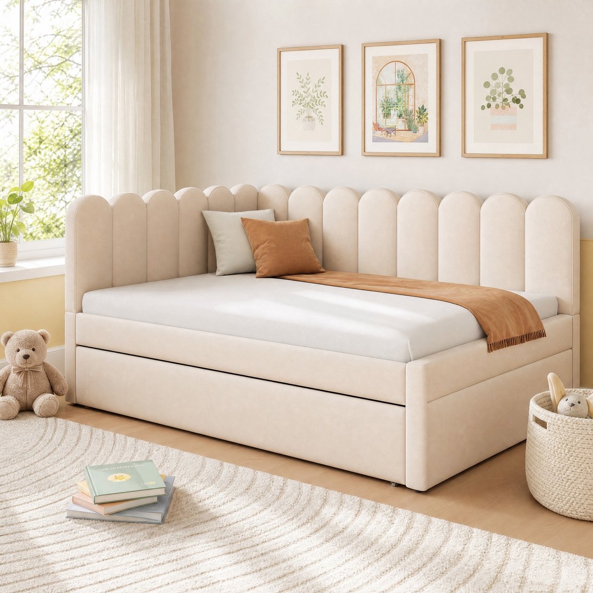 WUVRIE Slaapbank 140x200 cm met uitschuifbed, fluwelen bekleding en bloemvormige rugleuning, beige