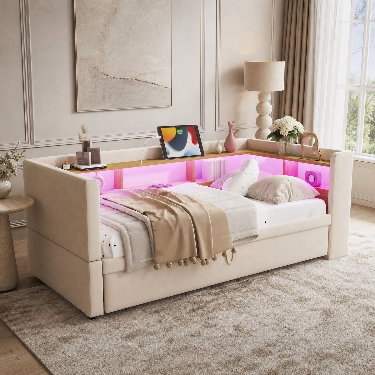 WUVRIE Uitschuifbare slaapbank 90/180 x 190 cm met LED, stopcontacten en opbergvakken, beige
