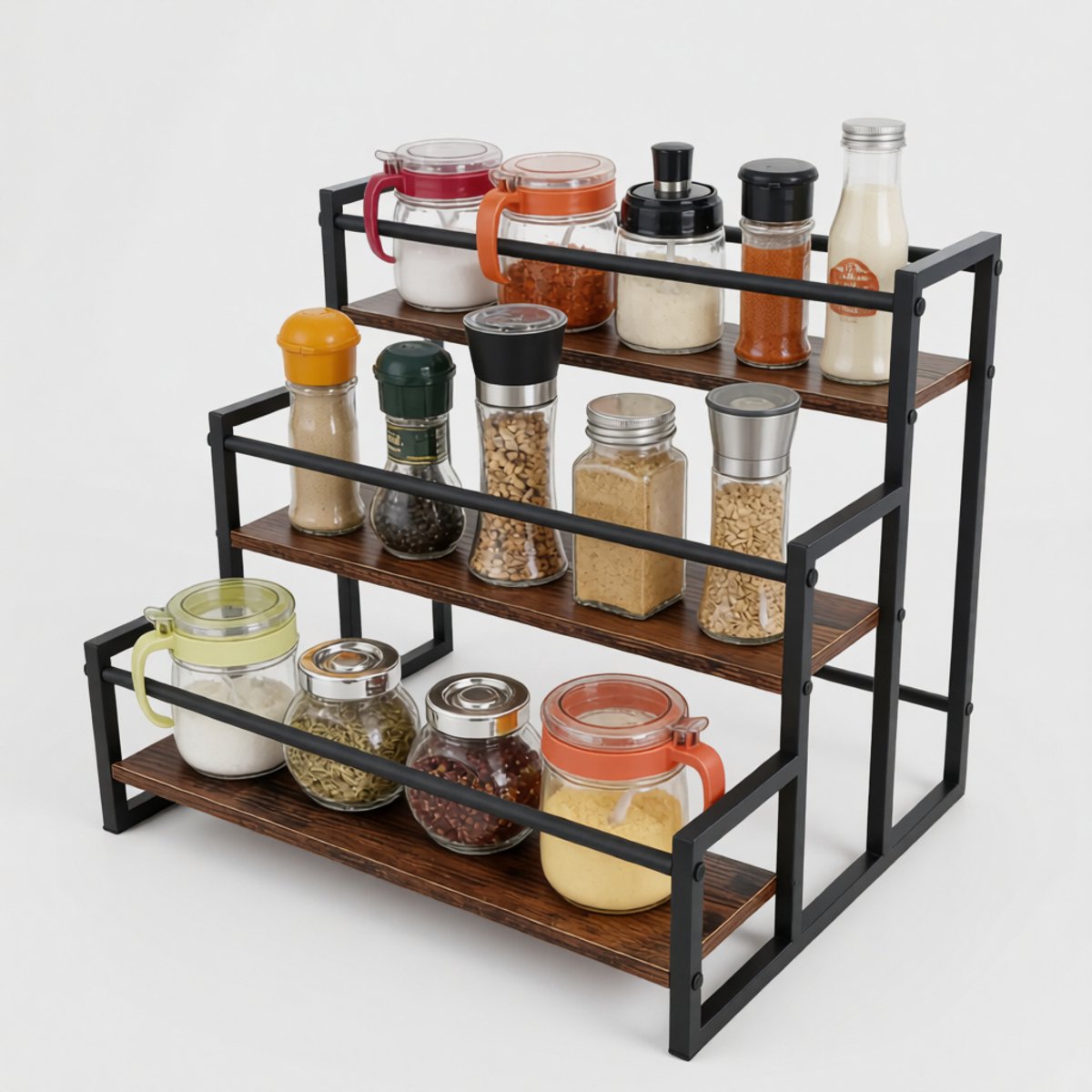 ZOQENX 3-laags kruidenrek met houten planken en zwart metalen frame, set van 2