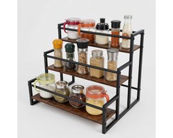 ZOQENX 3-laags kruidenrek met houten planken en zwart metalen frame, set van 2