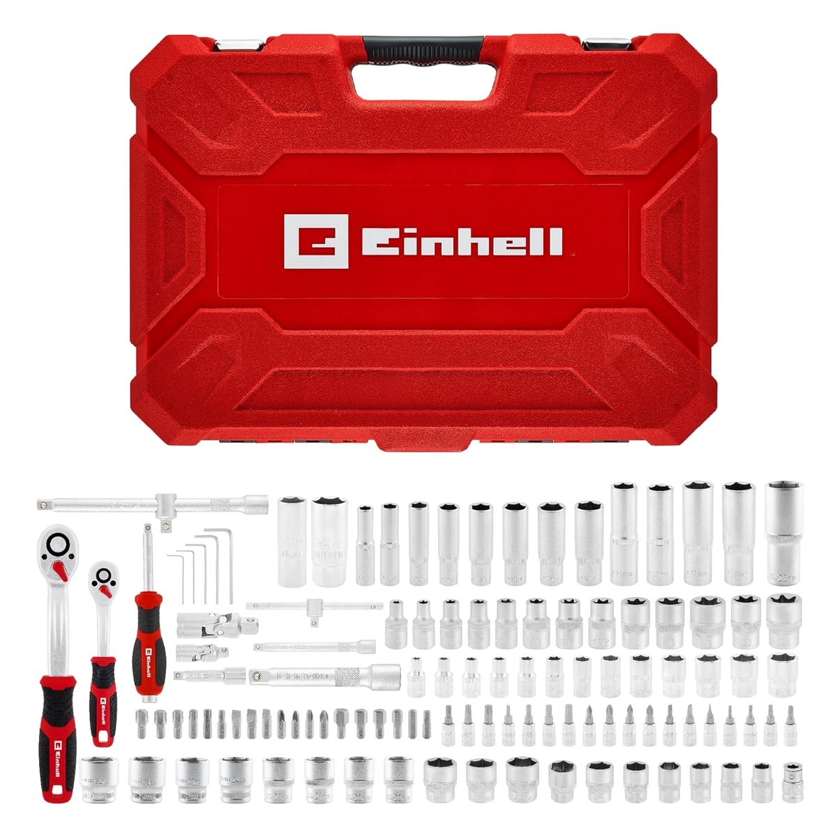 Einhell doppen- en ratelset, 181-delig (1/4", 3/8" & 1/2", 72-tands omkeerbare ratels, CrV-staal, S2-bits, lange doppen, E- en Pentalobe-doppen, koffer)