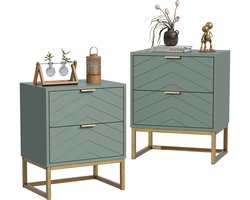 UEV Houten Nachtkastjes Set van 2, Nachtkastje met 2 Laden (Groen)