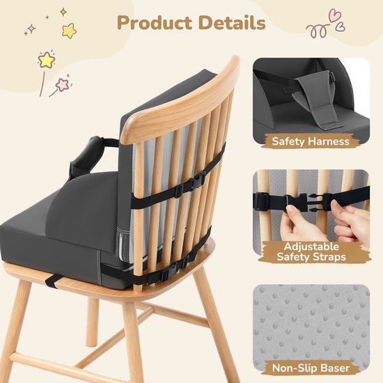 Stoelverhoger Kinderen voor Eettafel – Peuter Booster Seat met Rugleuning, Zitkussen met Veiligheidsriemen en Antislip Basis – Hoogwaardig Schuim Verhoogkussen – Grijs — afbeelding 4