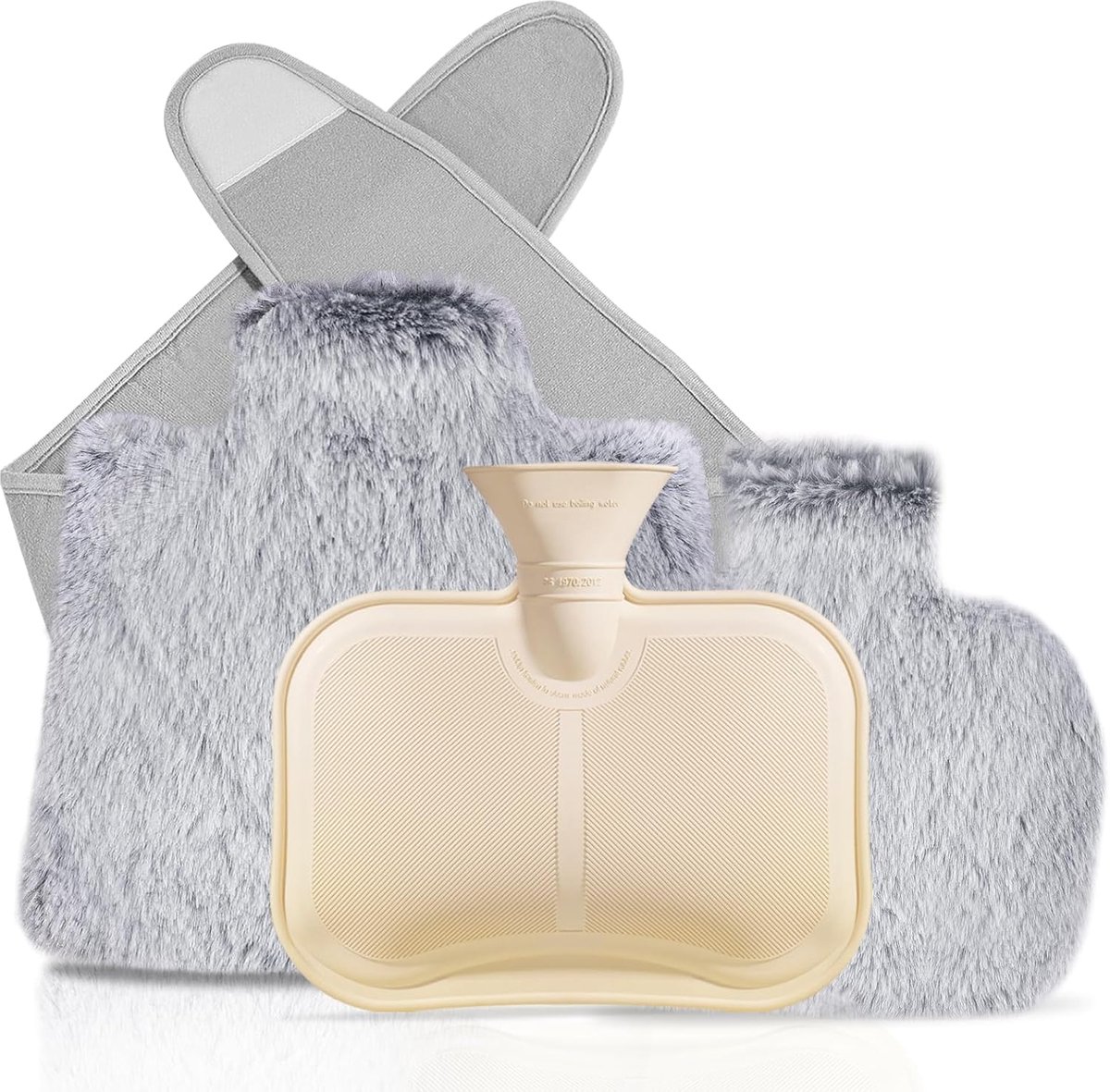 Warmwaterkruik Met Zachte Hoes - Lekvrije 2L Grote kruik Met Kangoeroezak, Natuurlijk Rubber + Zachte Bedfles, Cadeaus Voor Mannen En Vrouwen (Riem - Grijs)