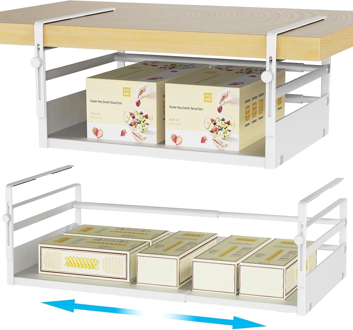 2 stuks opbergmand voor onderrek, hangmand, metaal, lengte rekbaar, 34-52 cm, hangmand, rek onder kast, mand-organizer, plank-hangmand voor keuken, kantoor, eetkamer, badkamer (wit)