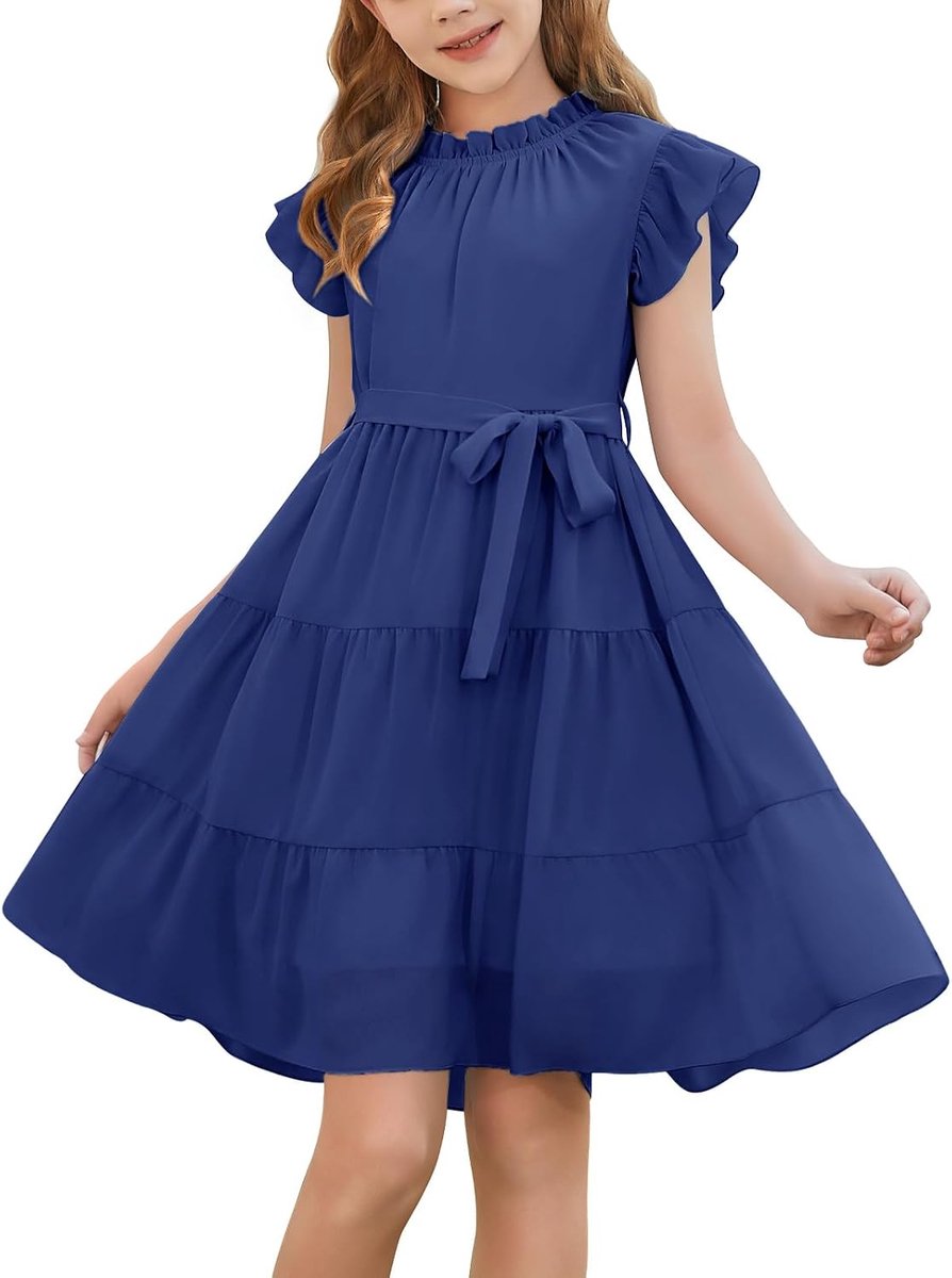 Meisjes ronde hals ruches mouwen zomerjurk kinderen feestelijke partyjurken hoge taille A-lijn casual midi-jurk elegante doopjurk prinses met riem