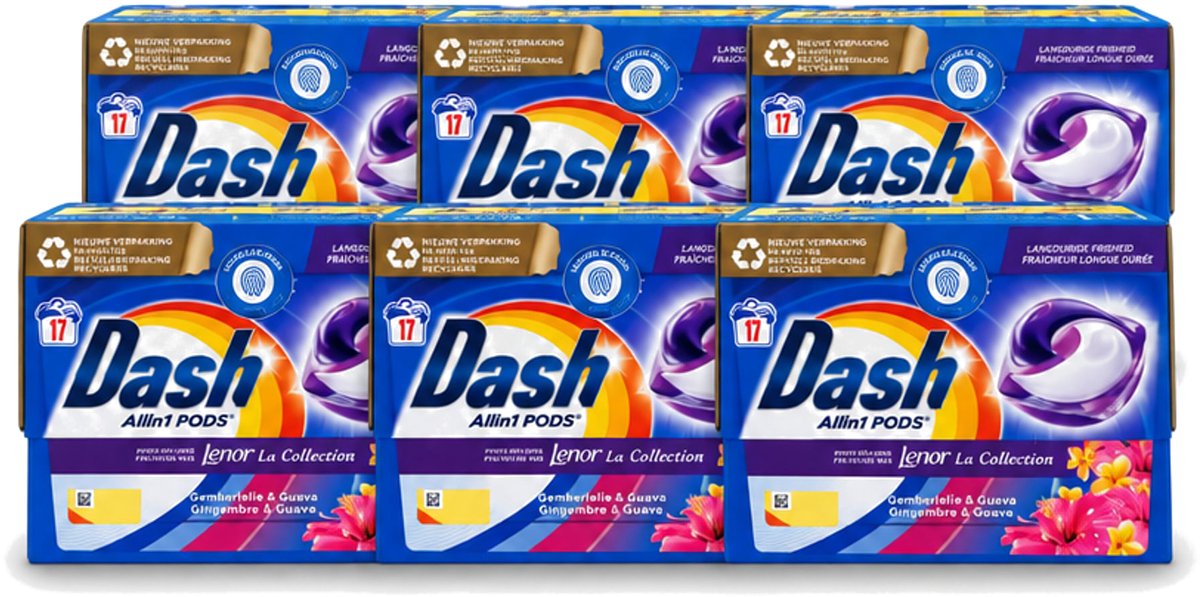 6 x Dash - Lenor Collectie - Wasmiddel Capsules - All-in-1 Pods - Witte en Gekleurde Was - Gemberlelie & Guava - 17 Wasbeurten - Voordeelverpakking - 6 stuks