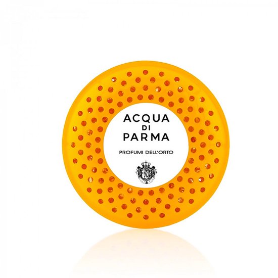 Gouden Acqua di Parma 'Profumi dell'Orto' auto-verfrisser navulschijf met perforaties.
