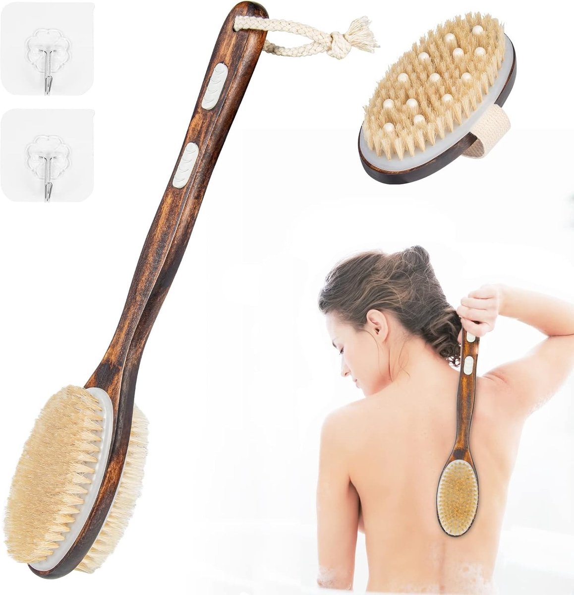 Badborstel met lange steel - Hout - 43 cm - Dubbelzijdige Borstel met Natuurlijke Haren - Voor Douche en Lichaamsverzorging