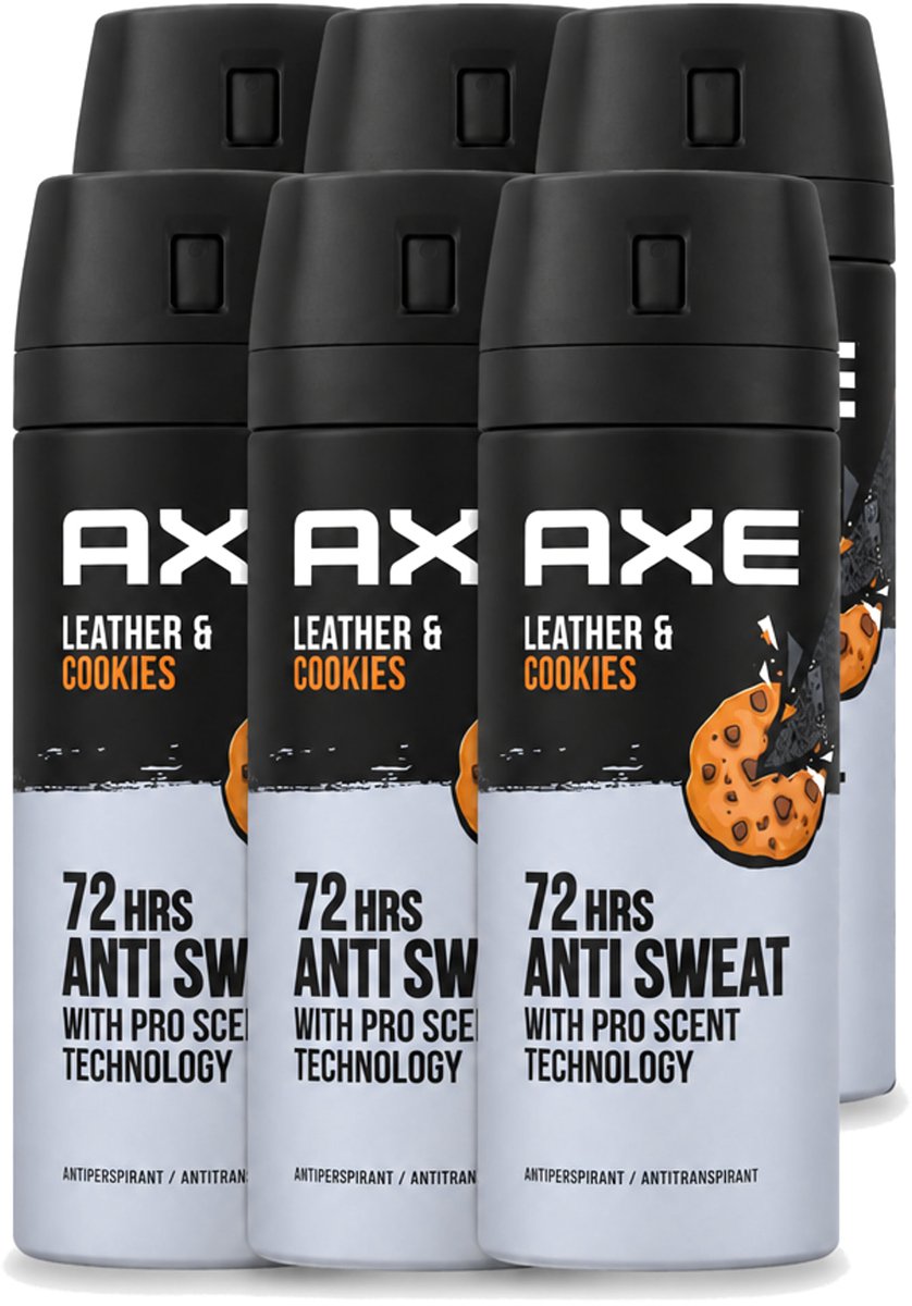 6 x Axe - Deodorant Spray - 72hrs Anti Sweat - Leather & Cookies - 150 ml - Voordeelverpakking - 6 stuks