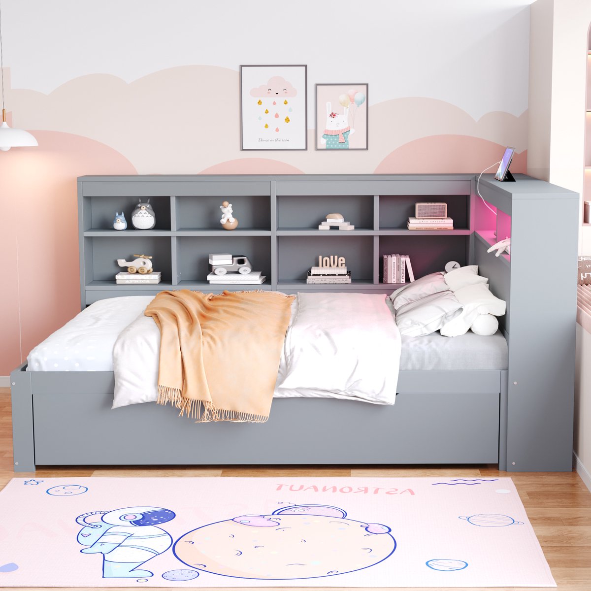 WUVRIE Tweepersoonsbed 140x200 cm met lades, opbergvakken, ledverlichting en USB-aansluiting, grijs