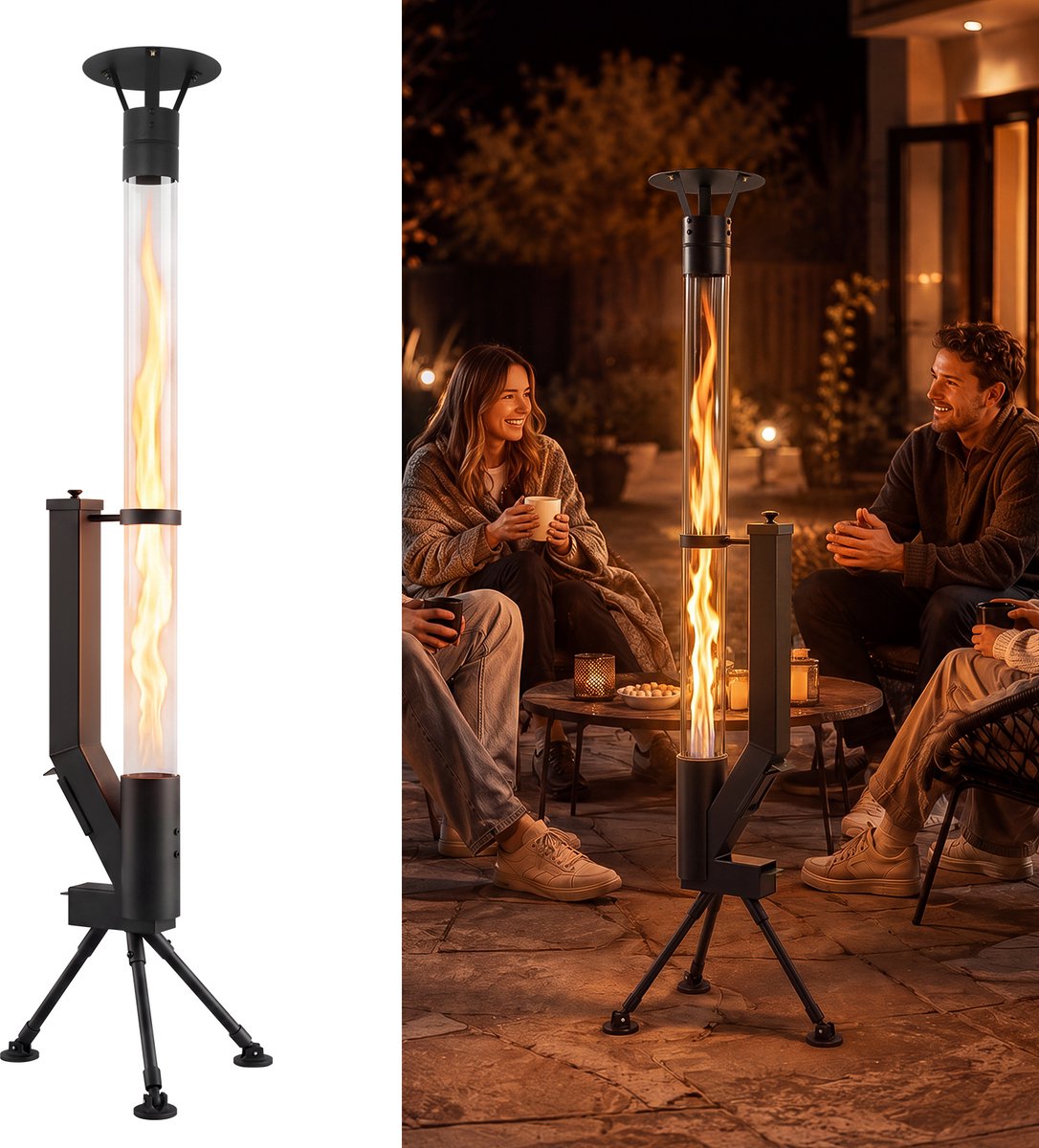 NETTLIFE Terrasverwarmer - 167 cm hoog - 5-6 kW hoog rendement - stabiele driepootvoet - grote capaciteit van 2 kg - brandtijd van 2 uur - geen elektriciteit/gas nodig - zwart - geschikt voor terrassen | veranda's | feesten & kamperen