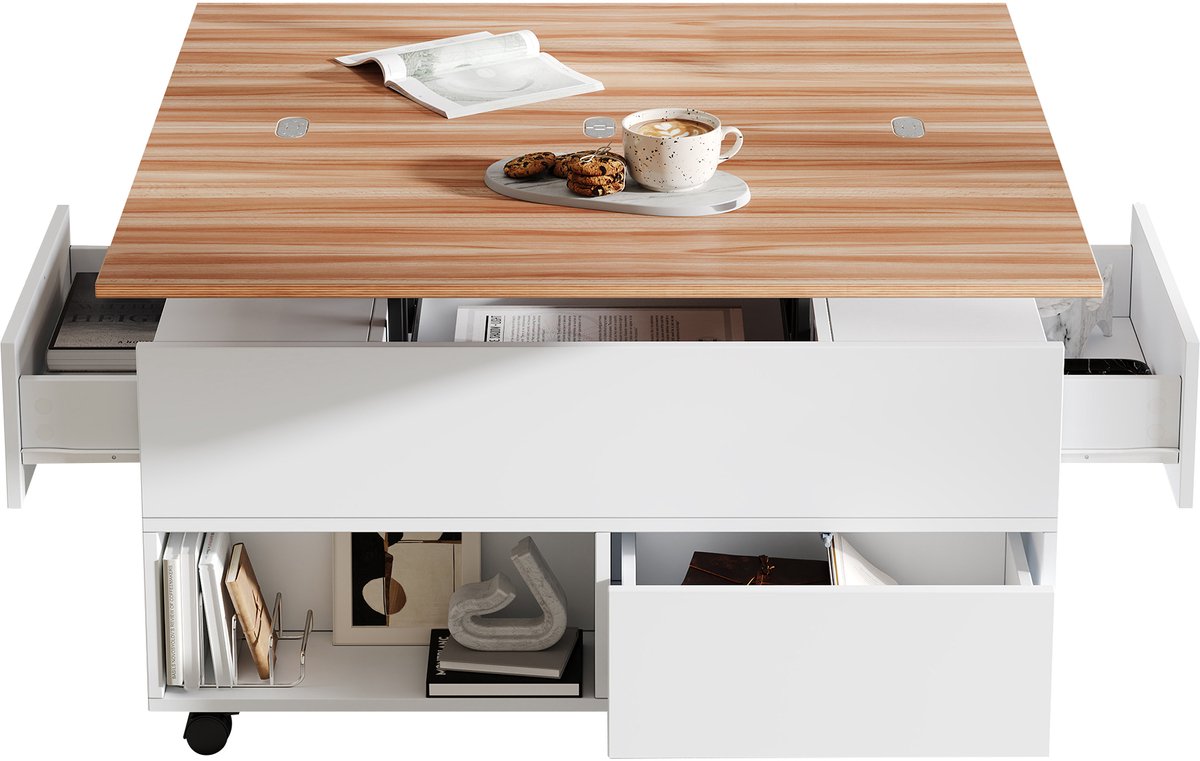 MUVANO Salontafel in hoogte verstelbaar - Salontafel met wielen - 4 lades - Uitschuifbare tafel - 100x50x52 cm - Met opbergruimte - Woonkamer Wit en houtkleur