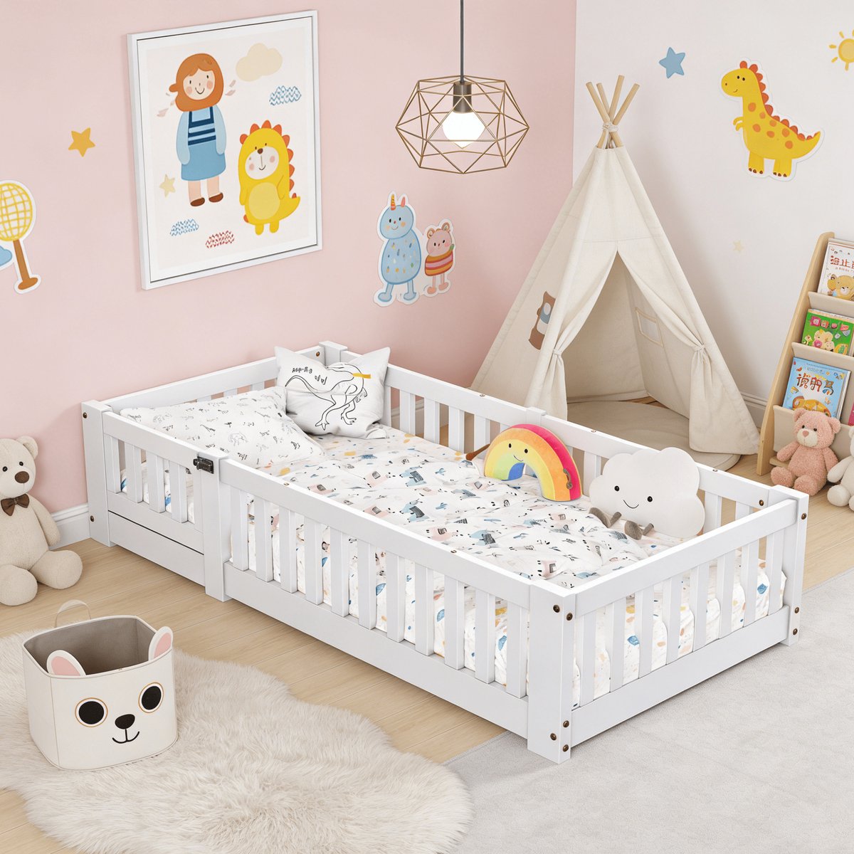 90 x 190 cm Kinderbed vloerbed, Montessori-bed met veiligheidshek en lattenbodem, Eenpersoonsbed voor tieners, Massief hout, Wit