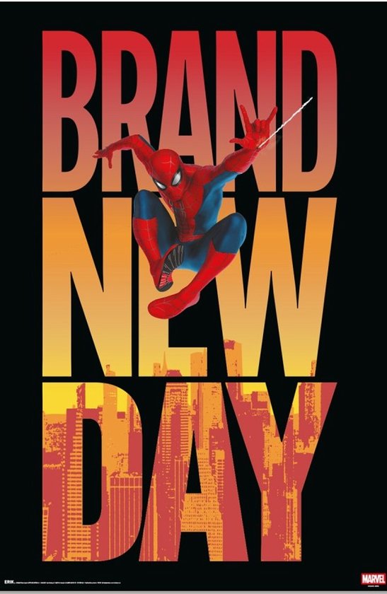 Spiderman en action avec le texte 'BRAND NEW DAY' sur fond de ville.