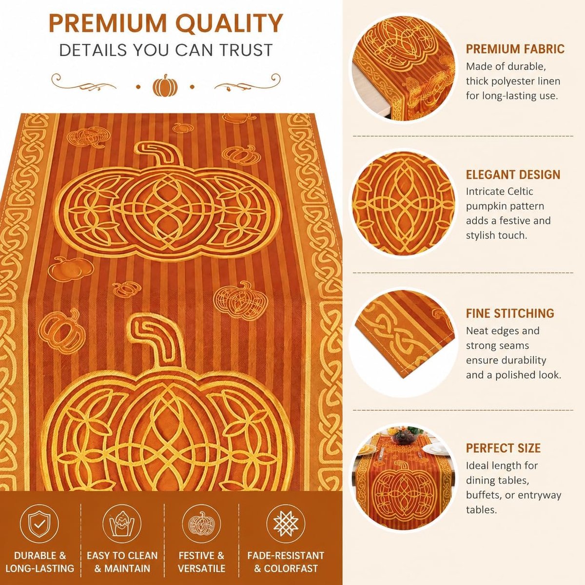 Tafelloper linnen 33x183cm oranje bruin verticale strepen Keltische pompoen vintage luxe herfst tafeldecoratie eettafel - ShopVlot