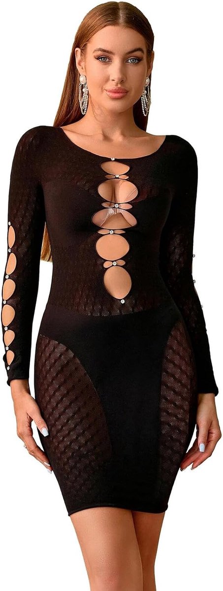 Walang Women's Sexy Glitter Rhinestone Long Sleeve Bodystocking Fishnet Skirt Cut Out Front Hot - ShopVlot