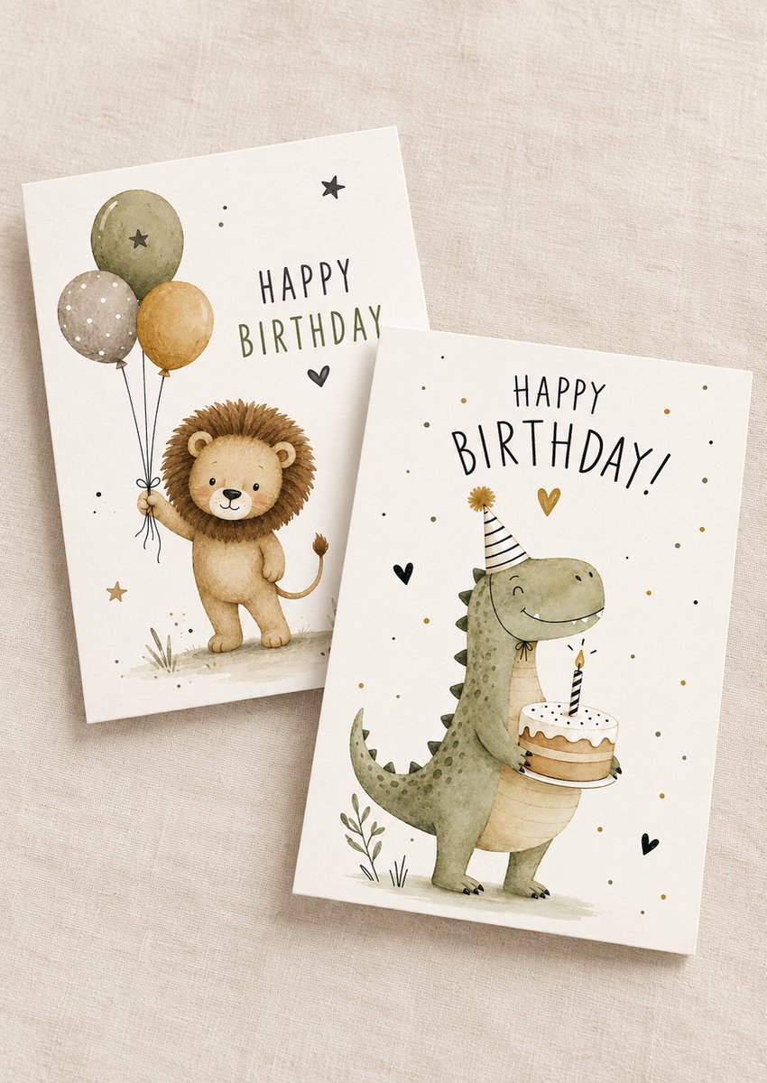 Bundel kinderkaarten verjaardag – Leeuw en dino