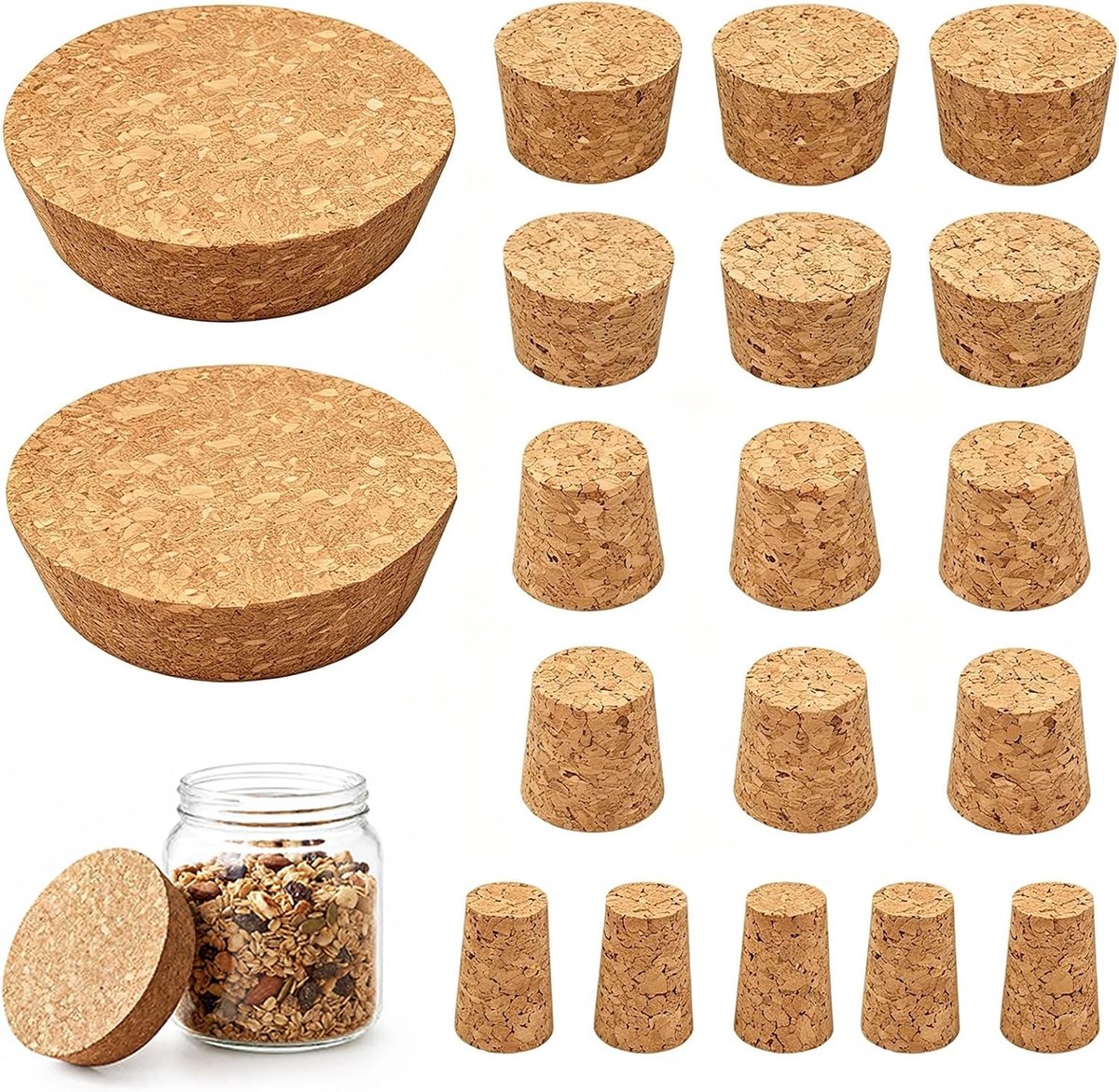19 stuks conische kurkstopjes, 6 maten, houten kurken, voor wijnflessen, bierflessen, glazen flessen - ShopVlot