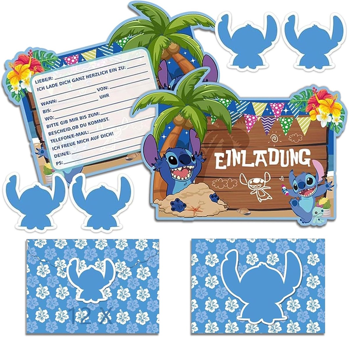 SnelShoppen - Stitc Kinderverjaardagsuitnodigingen met Enveloppen - 12 Stuks, A6 Formaat, Duitse Cartoon Thema voor Feesten en Verjaardagen