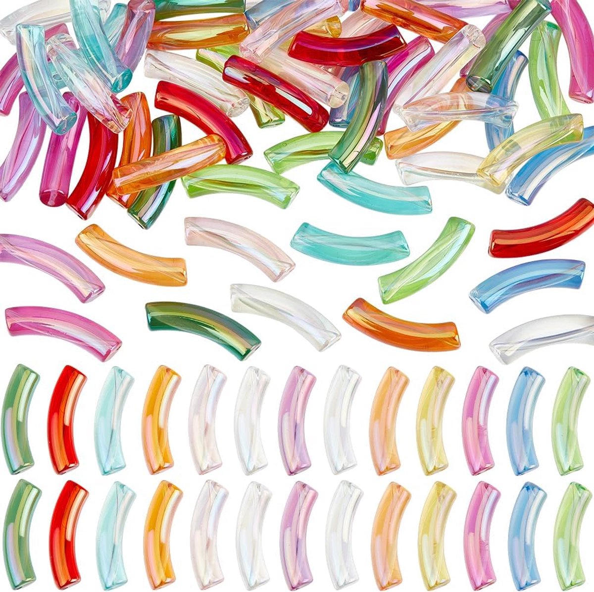1 doos met 65 stuks gebogen acrylkralen met gat, regenboog, iriserend, van transparante kunststof, uv-coating - ShopVlot