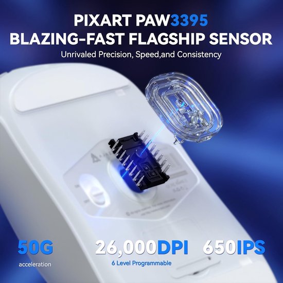 Superlichte 4K Draadloze Gaming Muis met PAW3395 Sensor, 26000 DPI en 700 Uur Batterijduur voor PC/MAC - Wit — afbeelding 3