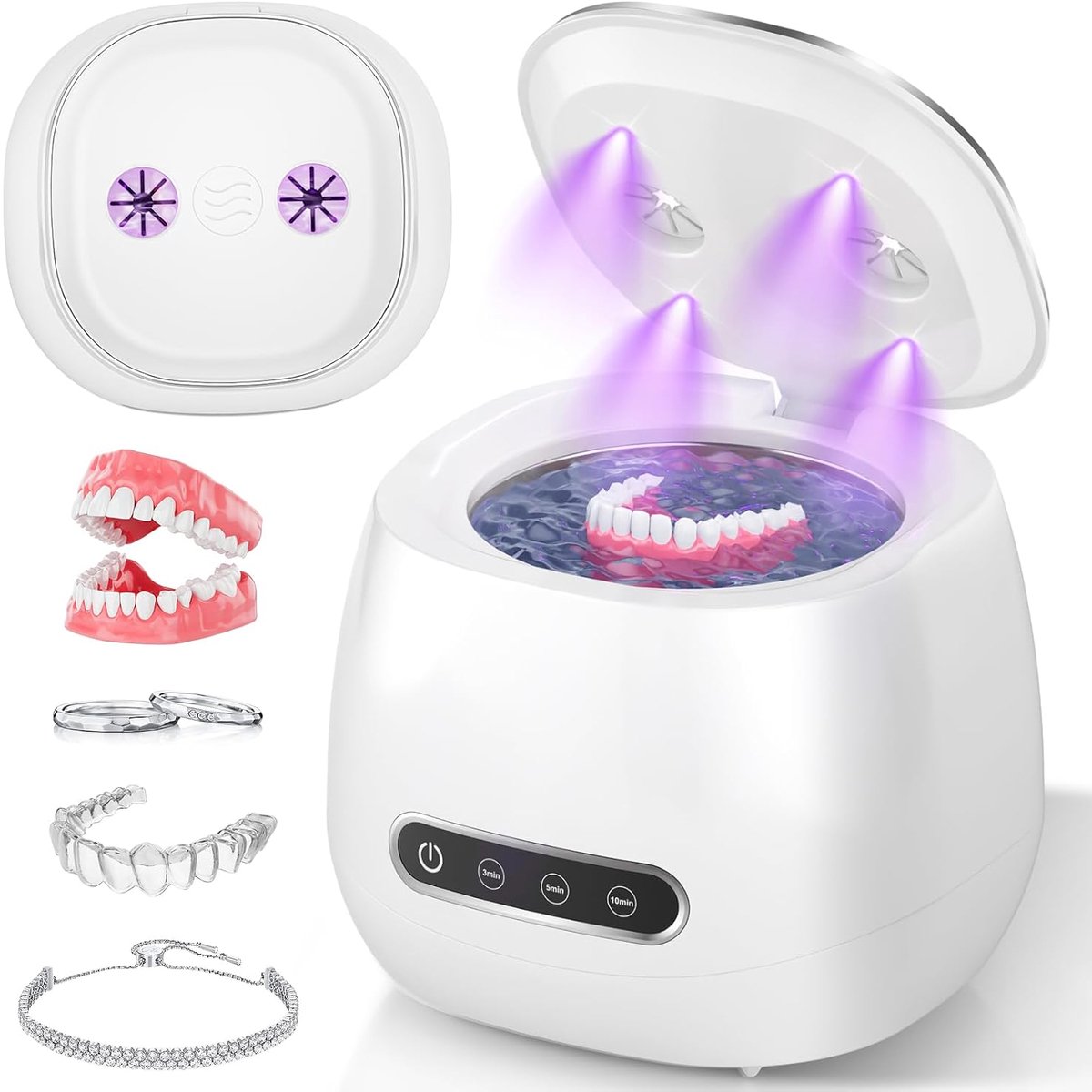 Oplaadbare ultrasone reiniger - voor gebitsbeugels en -protheses - draagbaar - voor kunstgebitten, retainers, aligners, nachtbeugels, beugels en sieraden - 3 standen - inhoud 200 ml - wit - Mondbeschermer 52 kHz