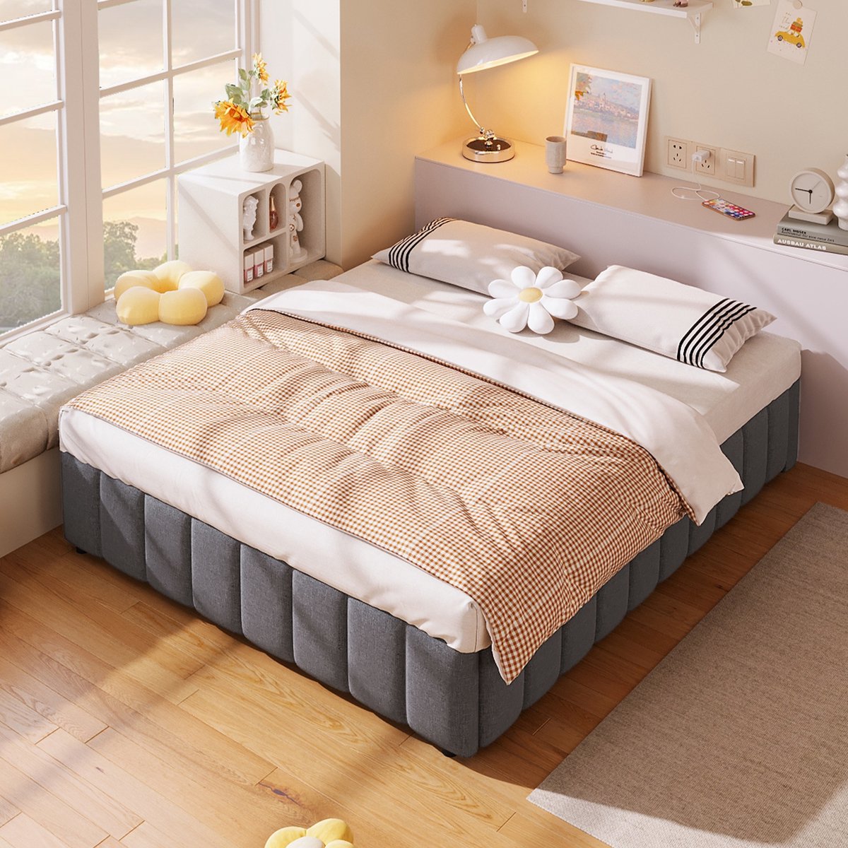 Sweiko Gestoffeerd Bed - 140 x 200 cm - Tweepersoonsbed - Opbergruimte - Zonder hoofdeinde - Grijs